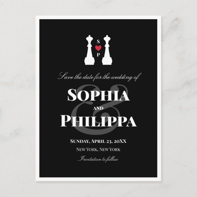 Queen Chess Pieces Lesbian Wedding Save the Date Announcement Postcard (Front)