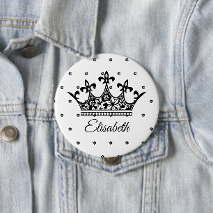 Queen crown floral black white beautiful vintage 10 cm round badge