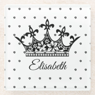 Queen crown floral black white beautiful vintage  glass coaster