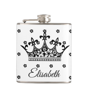 Queen crown floral black white beautiful vintage hip flask