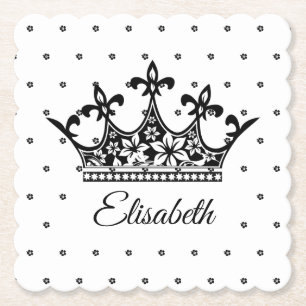 Queen crown floral black white beautiful vintage paper coaster