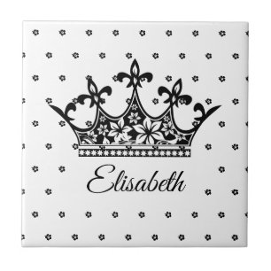 Queen crown floral black white beautiful vintage tile