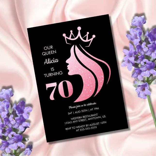 Queen Crown Pink Glitter Black 70th Birthday Invitation (Creator Uploaded)