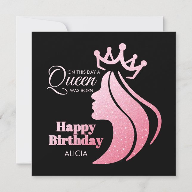 Queen Crown Pink Glitter Black Happy Birthday Holiday Card (Front)