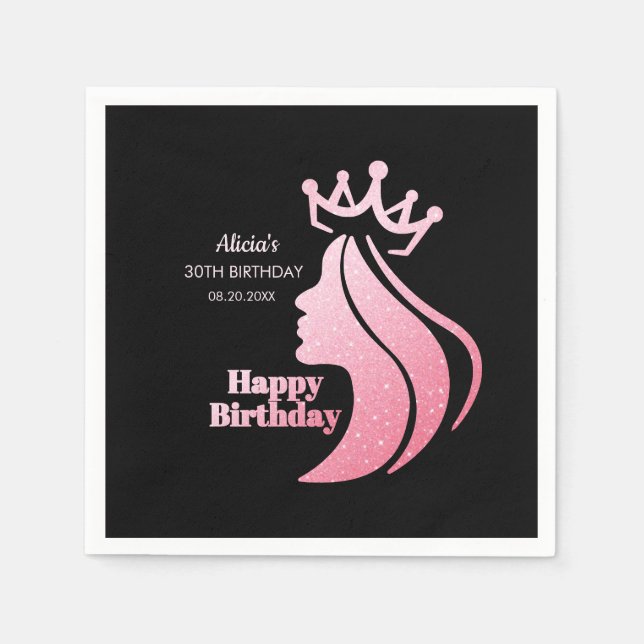 Queen Crown Pink Glitter Black Happy Birthday Napkin (Front)
