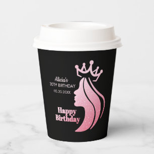 Queen Crown Pink Glitter Black Happy Birthday Paper Cups