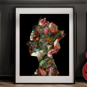 Queen Elizabeth II Silhouette Flowers Medium Poster