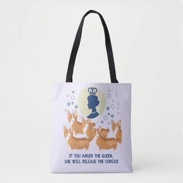 Queen Elizabeth & Whimsical Brigade Of Corgi Dogs Tote Bag (Front)