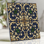 Queen Esther Damask Scroll Navy Blue Gold Tile<br><div class="desc">Inspired by the elegance of a royal court, this "Queen Esther" ceramic tile brings a touch of luxury to any space. The design features an intricate damask and scroll pattern in gold and cream, set against a rich navy blue background, with emerald green accents. This tile is perfect for creating...</div>