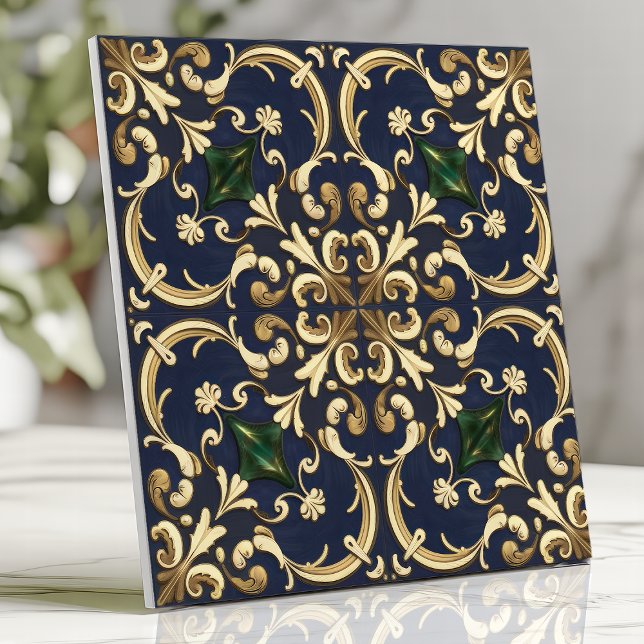 Queen Esther Damask Scroll Navy Blue Gold Tile (Creator Uploaded)