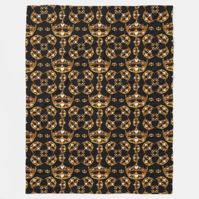 Queen hearts gold crown tiara black fleece blanket (Front)
