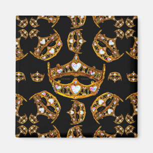 Queen hearts gold crown tiara black square magnet