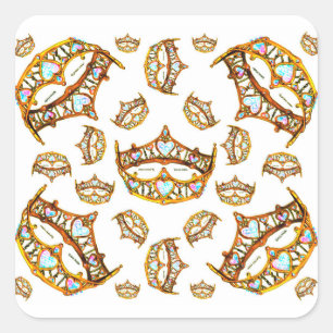 Queen hearts gold crown tiara white square sticker