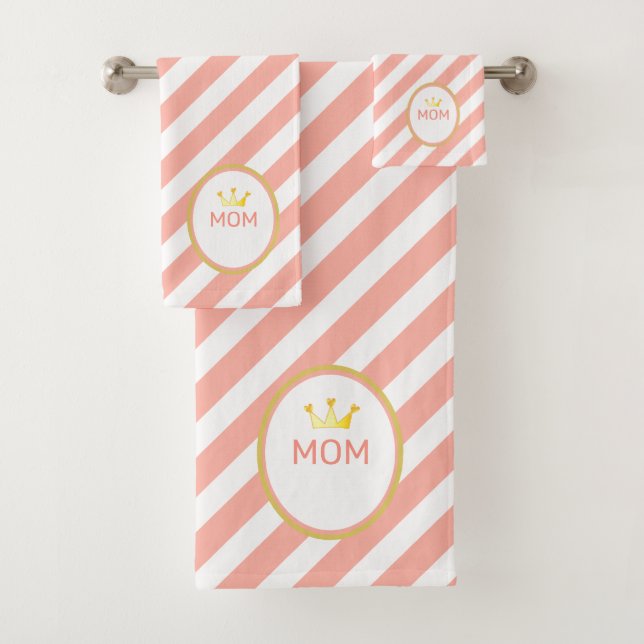 Queen Mum's Crown on  Coral & White Striped Bath Towel Set (Insitu)
