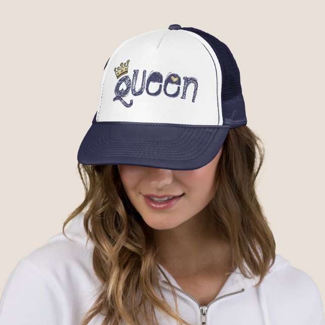 Queen Navy Blue Lettering Faux Gold Crown Trucker Hat (In Situ)