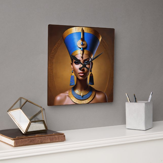 “Queen Nefertiti” Beautiful Ancient African Queen Square Wall Clock (Office)
