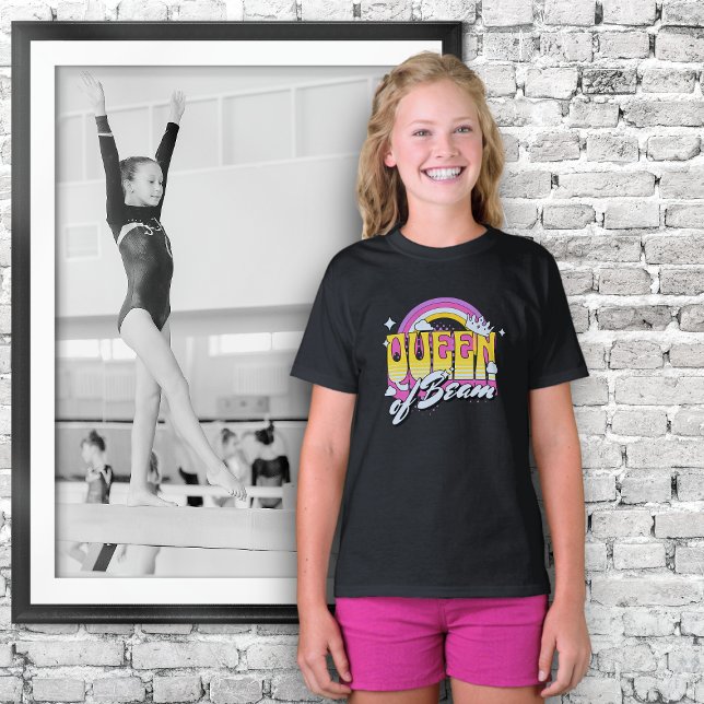 Queen of Beam retro style Tshirt for Gymnast (A young girl wearing a "Queen of Beam" T-shirt beside a picture of girl competing on balance beam)