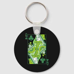 Queen of clubs card st patrick's day botanical key ring