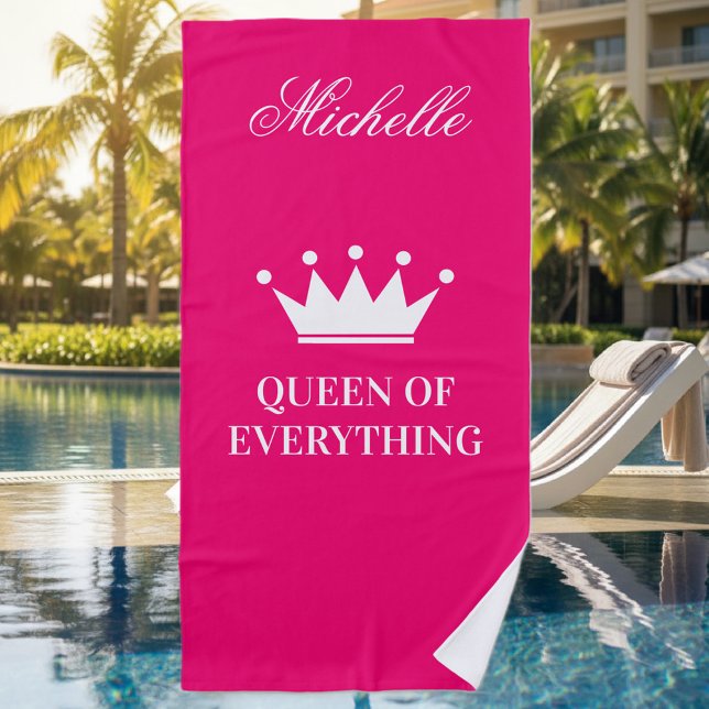 Queen of everything princess crown hot neon pink beach towel (queen of everything beach towel)