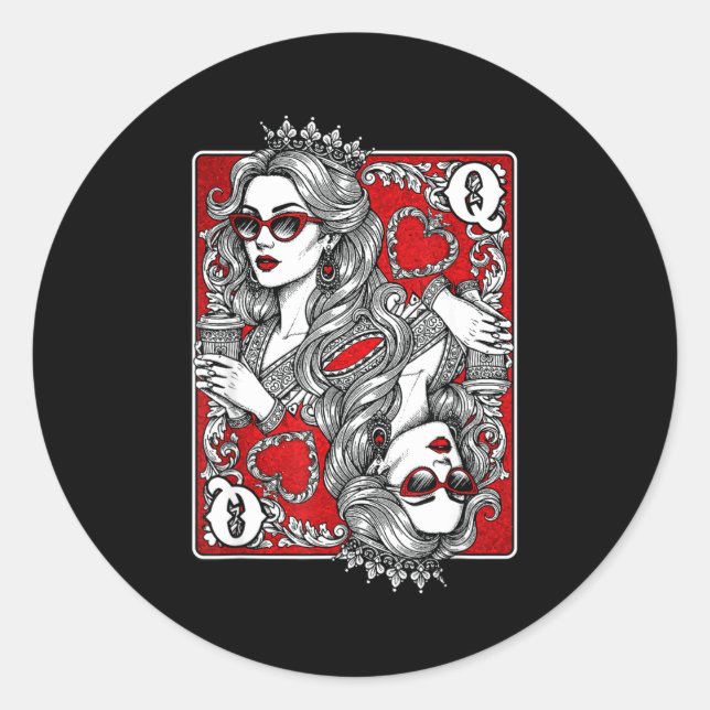 Queen Of Heart Playing Card Coffee Lover Gambling  Classic Round Sticker (Front)