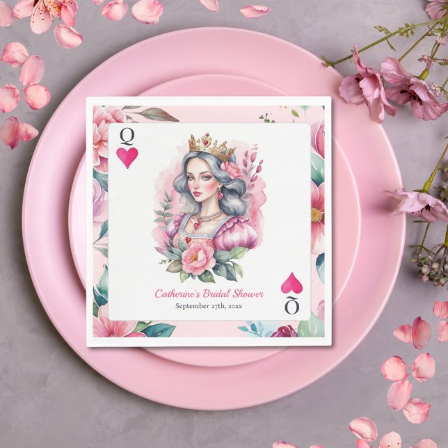 Queen Of Hearts Playing Card Pink Bridal Shower Napkin (Flat lay whimsical tea party bridal shower queen of hearts blush pink feminine Napkin)