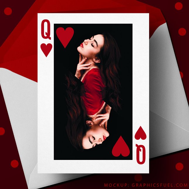 Queen of Hearts Playing Card Valentine's Day Card (Mockup of card on table. Template by graphicsfuel.com)
