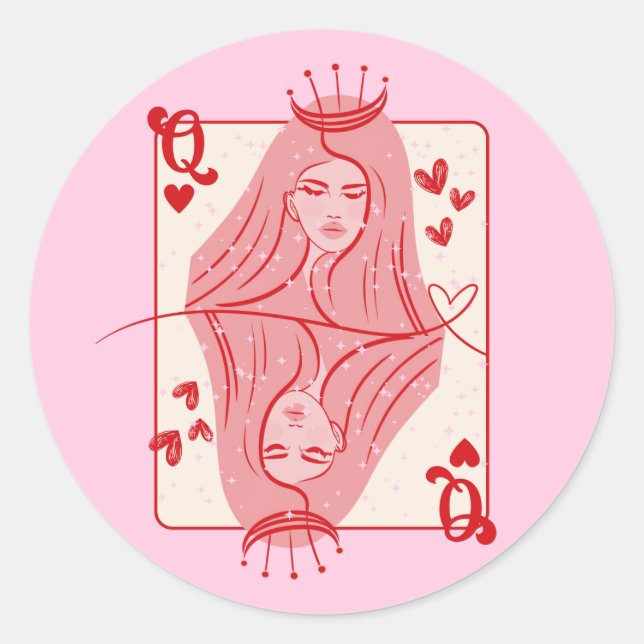 Queen of Hearts Red and Pink Preppy Art Classic Round Sticker (Front)
