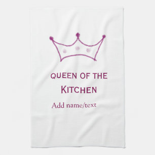 queen of kitchen mauve crown cook chef name tea towel