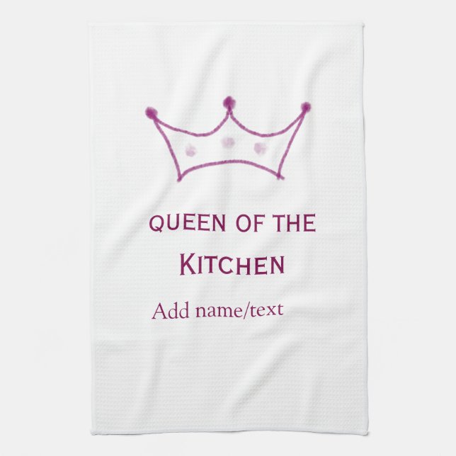 queen of kitchen mauve crown cook chef name tea towel (Vertical)