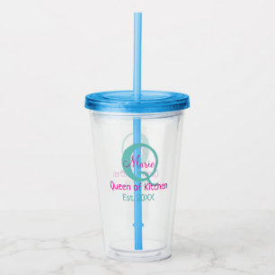 Queen of kitchen monogram green pink simple minima acrylic tumbler