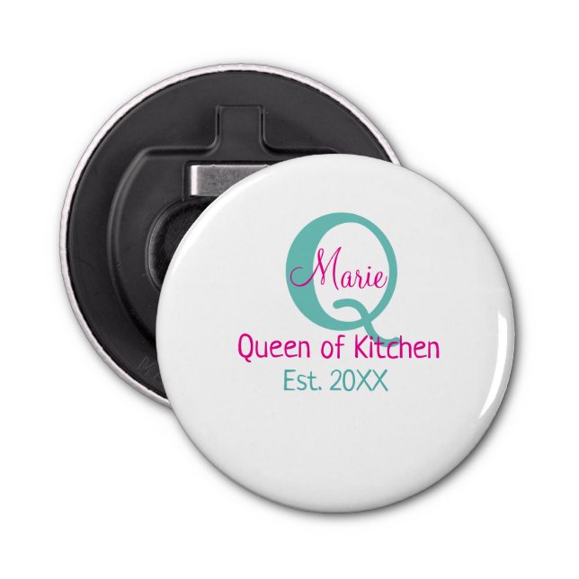 Queen of kitchen monogram green pink simple minima bottle opener (Front)