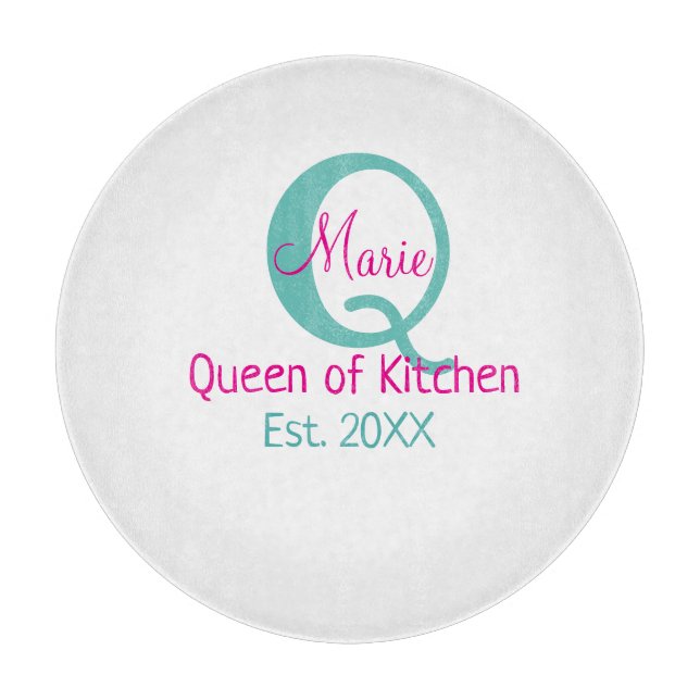 Queen of kitchen monogram green pink simple minima cutting board (Front)