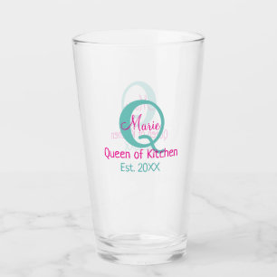 Queen of kitchen monogram green pink simple minima glass