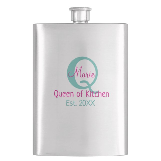 Queen of kitchen monogram green pink simple minima hip flask (Front)