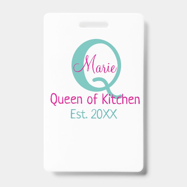 Queen of kitchen monogram green pink simple minima ID badge (Front)