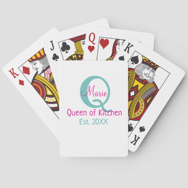 Queen of kitchen monogram green pink simple minima playing cards (Back)