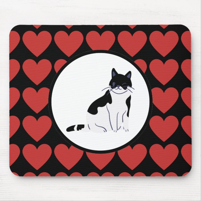 Queen of red hearts cat black white mouse pad (Front)