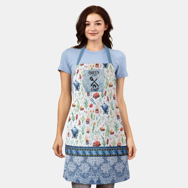 Queen of the Grill Women's colourful-denim, lace  Apron (Worn)