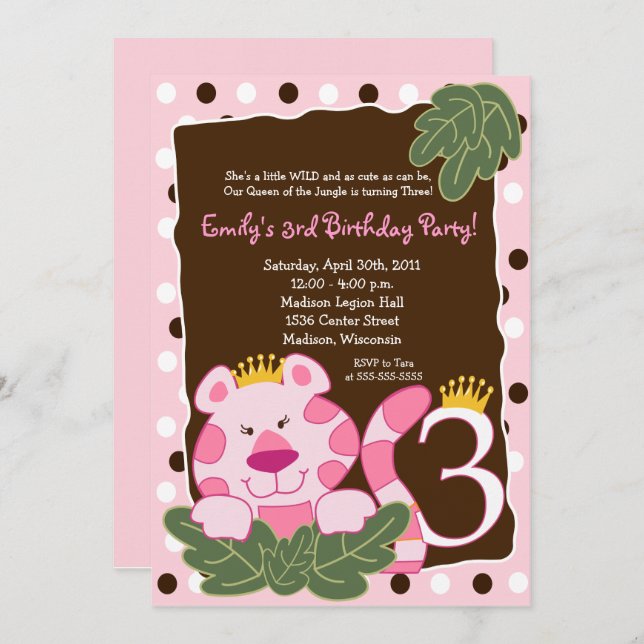 QUEEN OF THE JUNGLE 3rd Birthday Invitation (Front/Back)