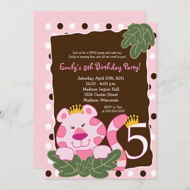 QUEEN OF THE JUNGLE 5th Birthday Invitation (Front/Back)