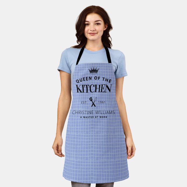 Queen of the Kitchen Crown Foodie Mum Blue Plaid Apron (Worn)
