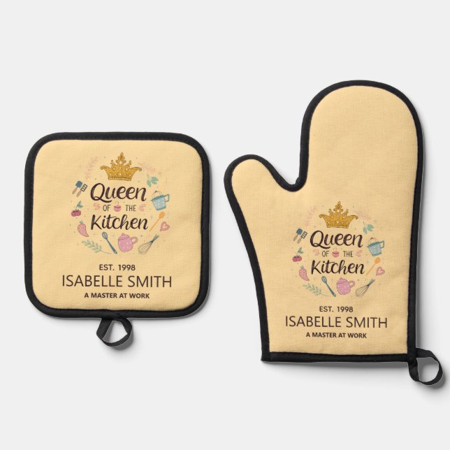 Queen of the Kitchen Custom Name Design Oven Mitt & Pot Holder Set (Front)