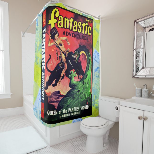 Queen of the Panther World:  Fantasy Pulp Fiction Shower Curtain (In Situ)