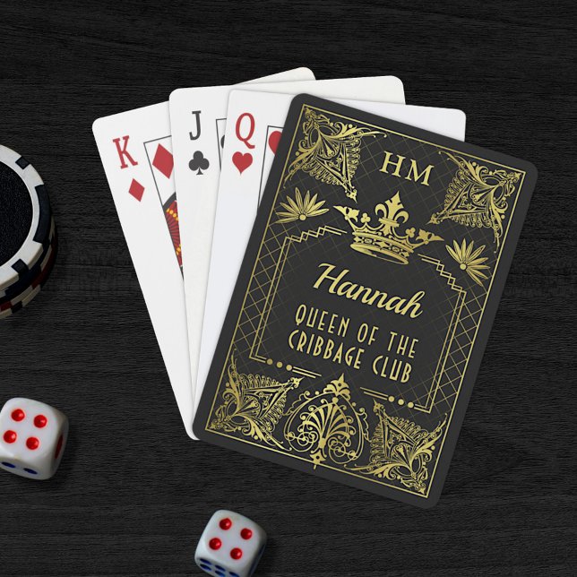 Queen of the Quarantine Black Gold Monogram Crown Playing Cards (Creator Uploaded)