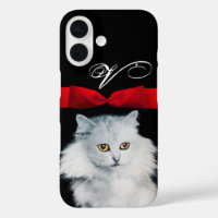 QUEEN OF WHITE CATS WITH RED RIBBON MONOGRAM