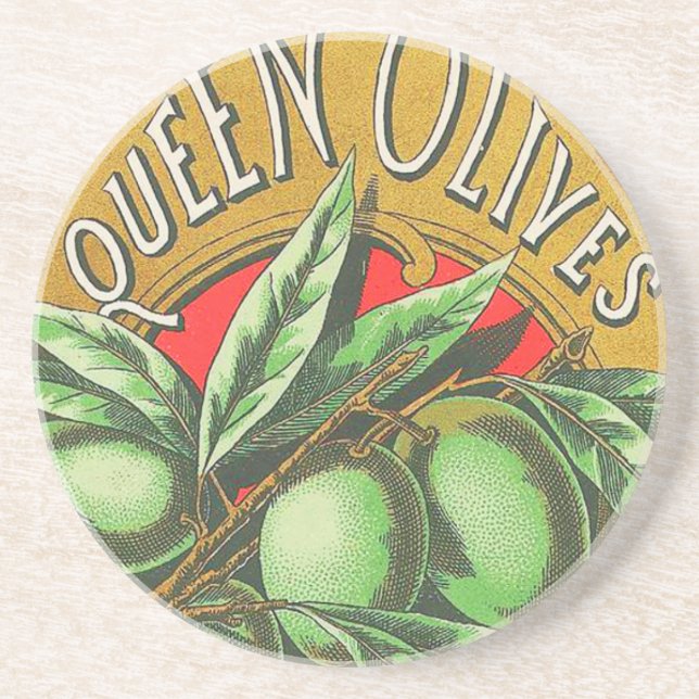 Queen Olives Vintage Food Crate Label Coaster (Front)
