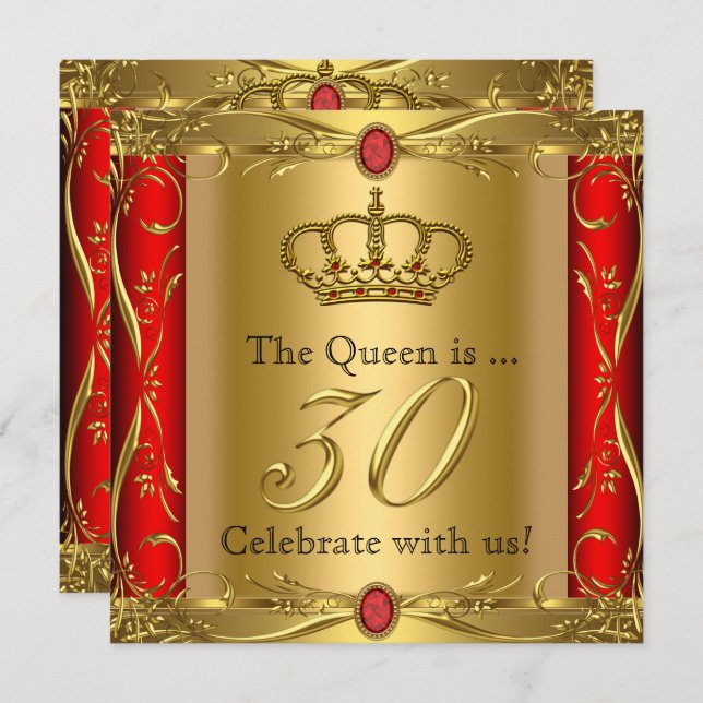 Queen or King Regal Red Gold 30th Birthday Party Invitation (Front/Back)