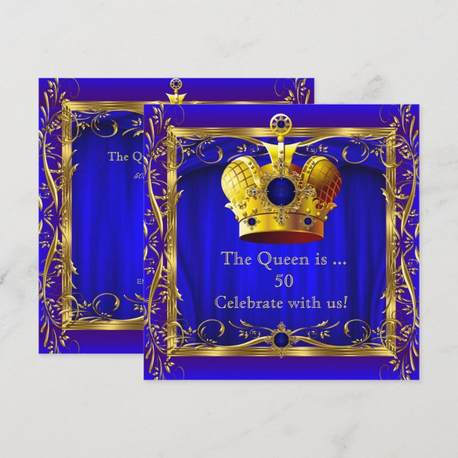 Queen Royal Blue Purple Gold 50th Birthday Party Invitation (Front/Back)