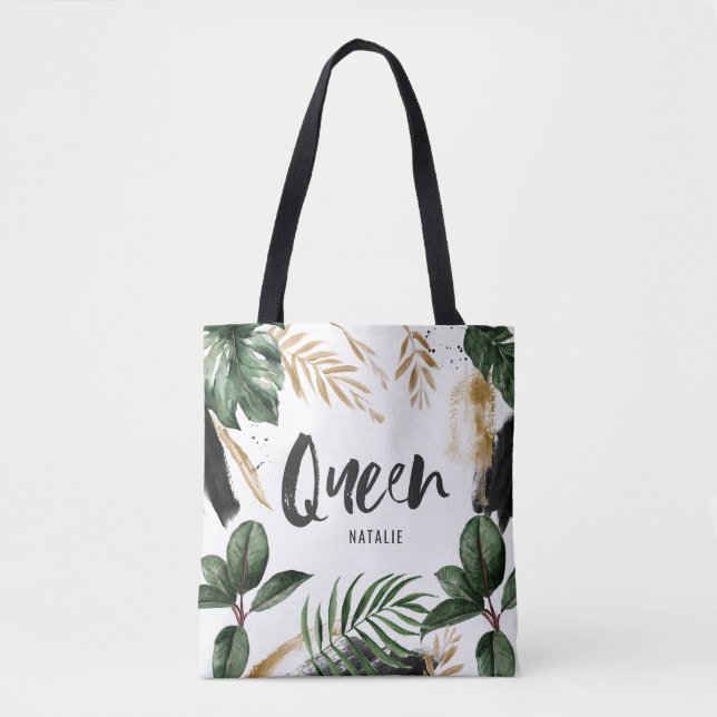 Queen tropical leaf and typography tote bag (Front)