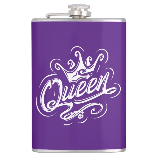 Queen With Crown, Typography Design Hip Flask (Front)